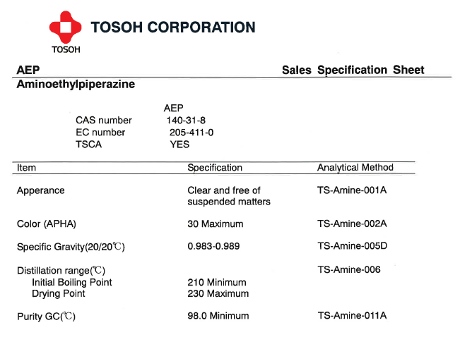 مشخصات فنی Aminoethylpiperazine  شرکت Tosoh ژاپنَ